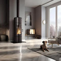 Kaminmodell R1 i ett modernt vardagsrum med en hund