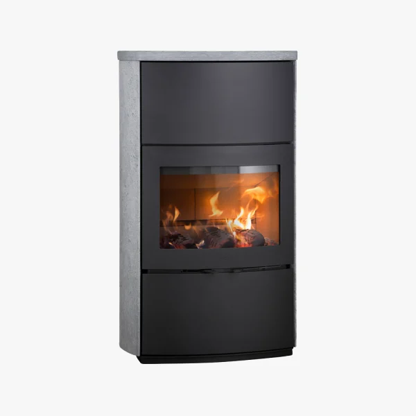 Heta Scan-Line 1000S Täljsten är en modern svart braskamin med glasfront som visar lågorna på insidan. Den har en snygg, upprätt rektangulär design och står mot en slät bakgrund.