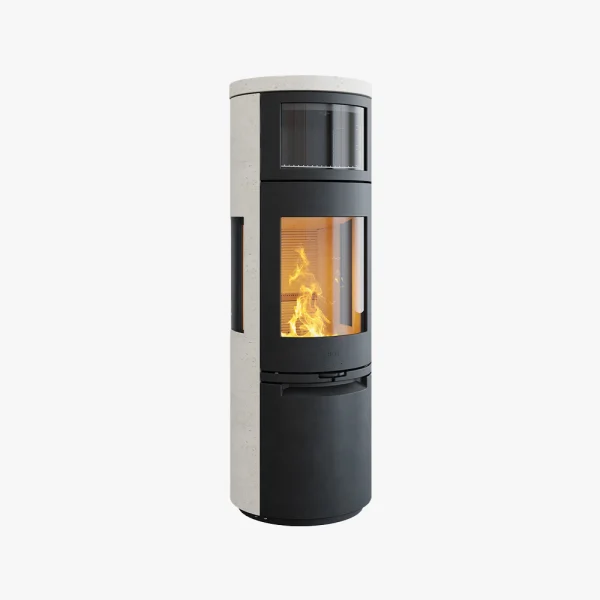Heta Scan-Line 900B Sidoglas Kalksten är en modern cylindrisk braskamin med glasfront och synlig eld, med en elegant design i svart och ljusgrått mot en vit bakgrund.