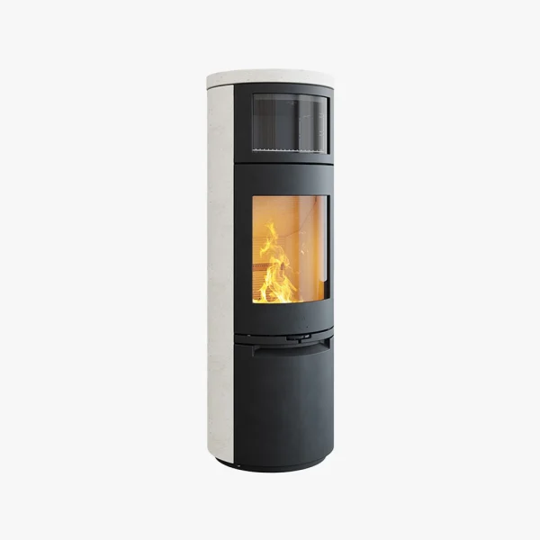 Heta Scan-Line 900B Kalksten är en modern, cylindrisk svartvit braskamin med glasfront och synliga lågor, i modern och elegant design som står upprätt mot en vit bakgrund.