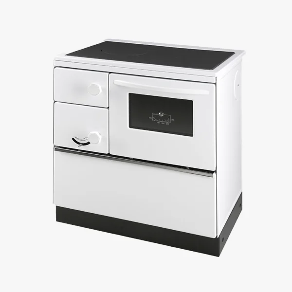 Okonom 75 är en vit spis i vintagestil med svarta detaljer, med två lådor, ugn med fönster och temperaturmätare samt en platt svart spishäll.