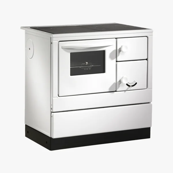 Okonom 85 är en vit vedspis i vintagestil med svart spishäll, ugnslucka med glasfönster och två vred, som visas mot en vit bakgrund.