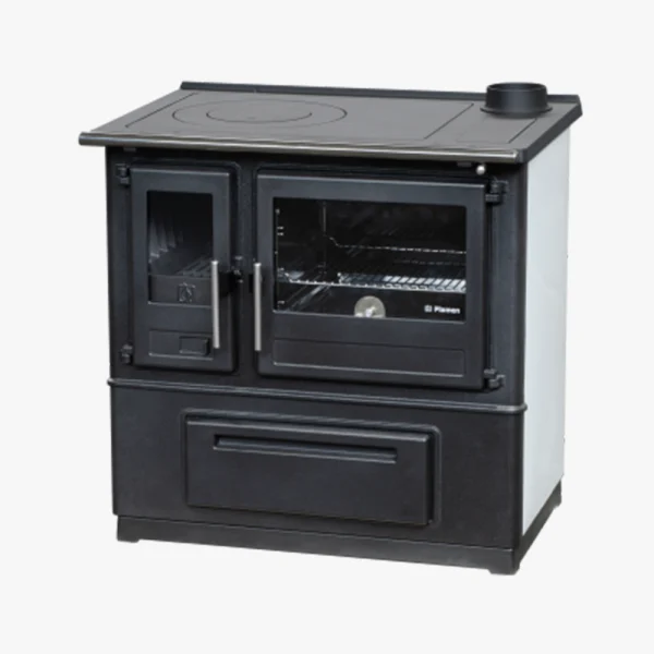 Slavonac N är en svartvit vedspis med glaslucka till vänster, ugn med glasfönster till höger, spishäll i metall och förvaringslåda i botten.