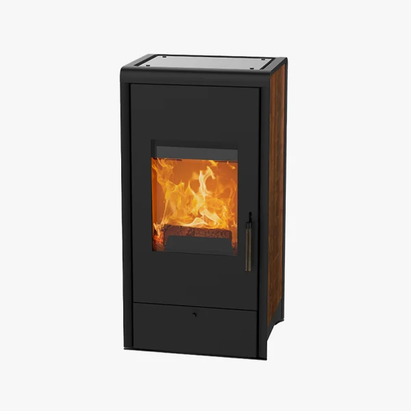 Rika Cook är en modern svart braskamin med en glasfront som visar synliga lågor. Den har en rektangulär form och ett handtag på höger sida.