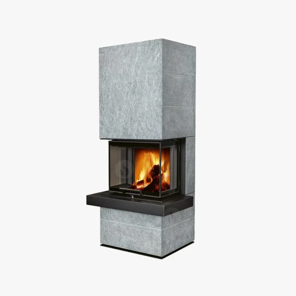 Romotop Cara Sten Slim är en modern, rektangulär grå stenspis med glasfront och synliga brinnande stockar, med rena linjer och minimalistisk design.