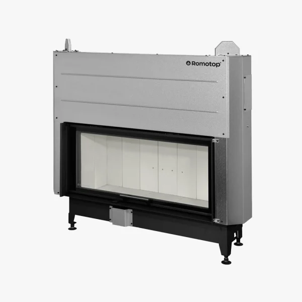 Romotop Heat Plan Insats 110.50.04 är en rektangulär, fristående spisinsats i metall med en stor glasfront och Romotop-logotypen i övre högra hörnet mot en vit bakgrund.