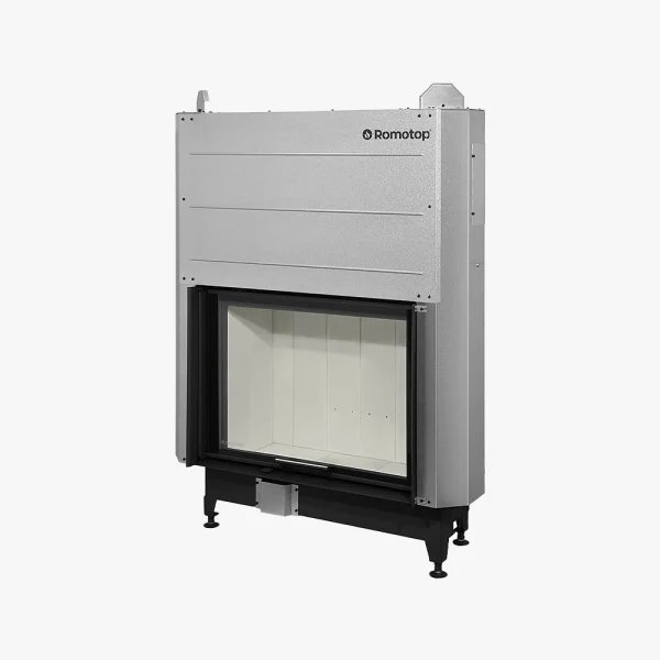Romotop Heat Plan Insats 88.66.04 är en modern, rektangulär spisinsats i metall i silver och svart, med stor glasfront, justerbara ben och en synlig Romotop-logotyp på övre högra sidan, avsedd för inbyggnadsinstallation.