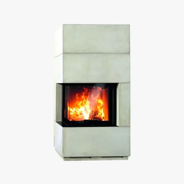 Schmid S 17 är en modern, rektangulär öppen spis med betongfinish och glaspaneler som visar en ljus, flammande eld.