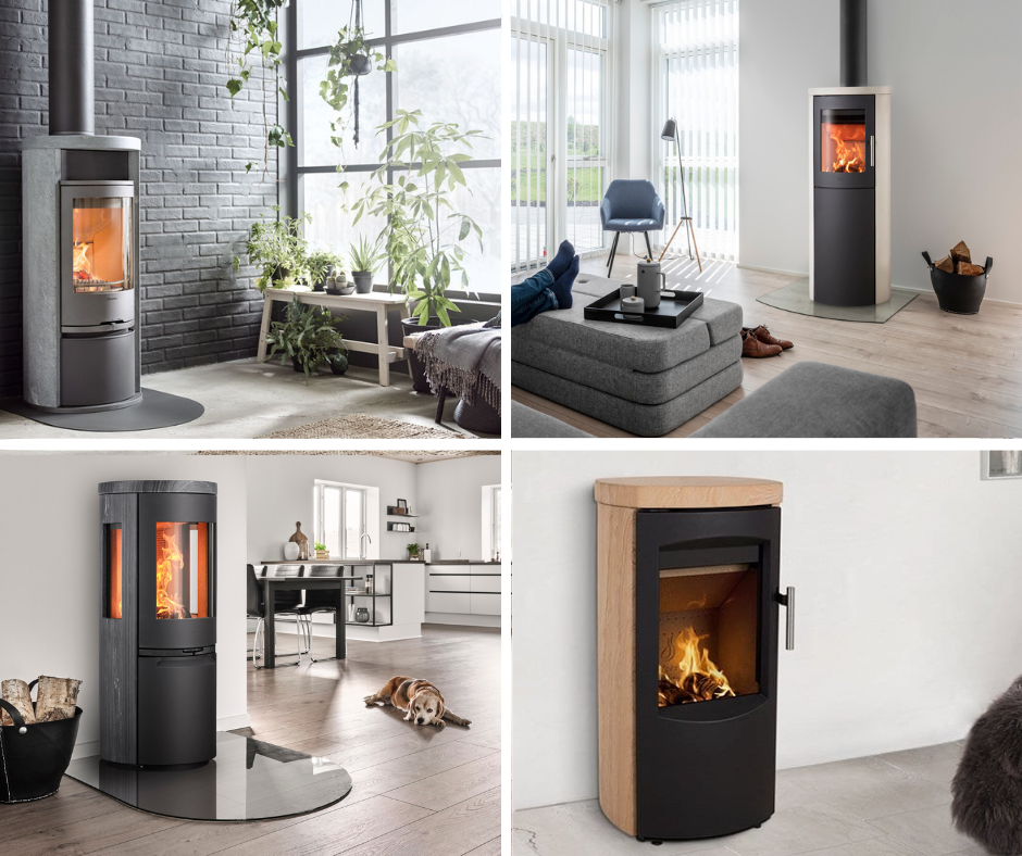 Sortiment 24 Ett collage av fyra moderna Kamin-vedspisar i eleganta vardagsrum, var och en med en synlig eld inuti. De moderna interiörerna har stora fönster, växter, möbler och dekorativa accenter.