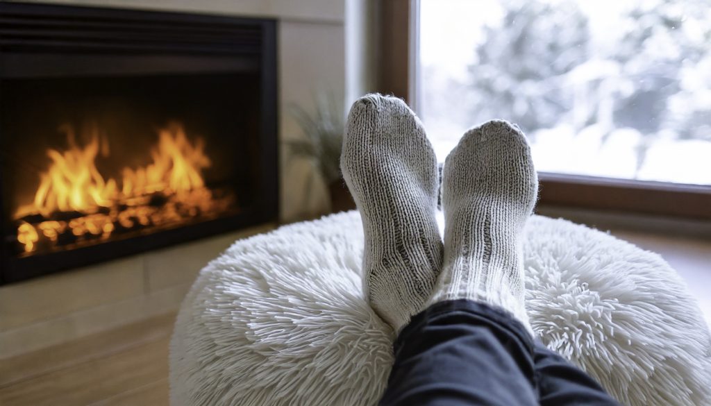 Person i mysiga ullstrumpor med fötterna uppe på en fluffig ottoman, kopplar av vid en tänd öppen spis med en insats till öppen spis. Snön faller utanför fönstret och skapar en varm och behaglig vinteratmosfär inomhus.