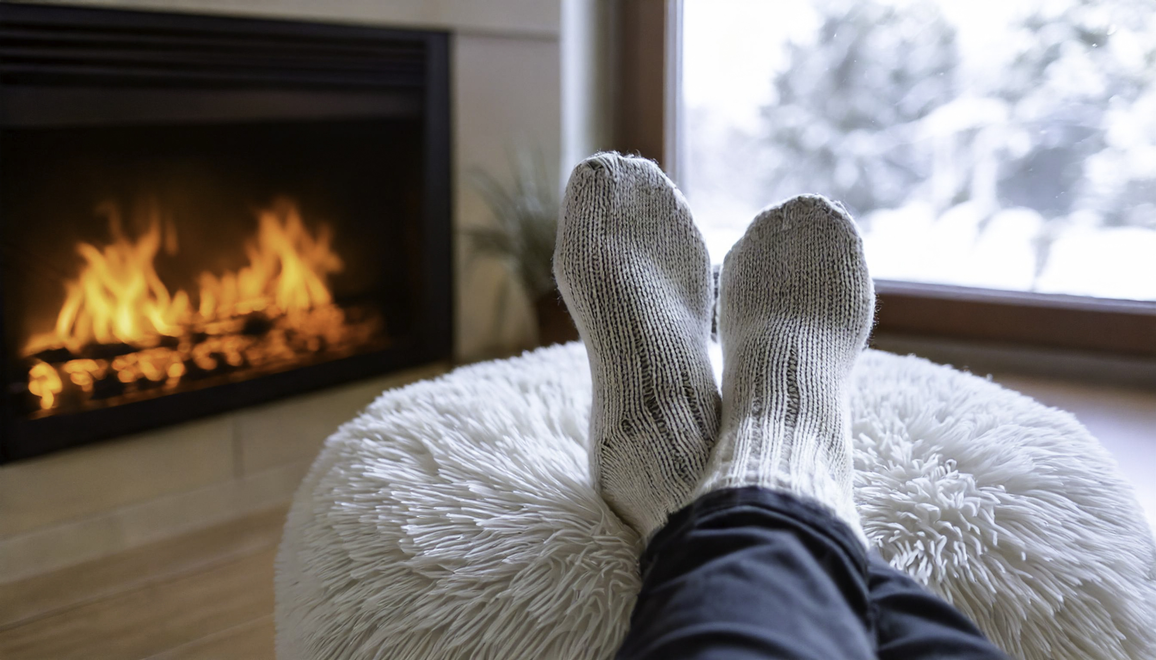Person i mysiga ullstrumpor med fötterna uppe på en fluffig ottoman, kopplar av vid en tänd öppen spis med en insats till öppen spis. Snön faller utanför fönstret och skapar en varm och behaglig vinteratmosfär inomhus.