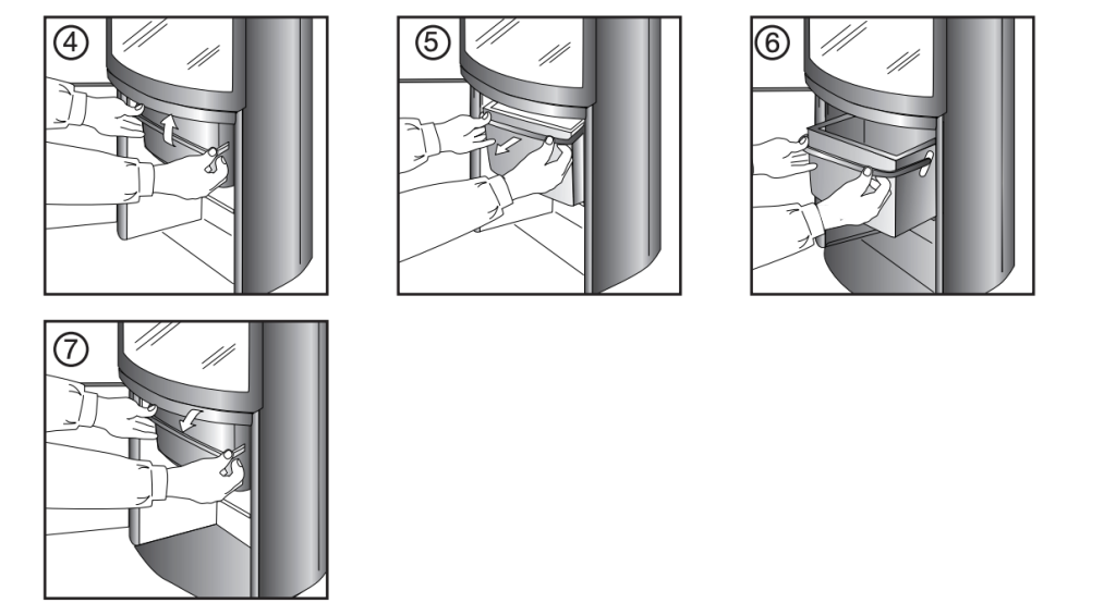 Fyra instruktionspaneler visar hur händerna tar bort och drar ut en rektangulär bricka från en böjd Heta-apparat, steg för steg från att lossa till att helt skjuta ut brickan.
