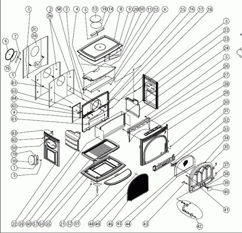 Varför välja en Jötul? Mer än bara värme 7 Sprängskiss av en Jötul-spis eller ugn med numrerade delar och komponenter, som visar dörrar, paneler, knoppar, glas, handtag och interna mekanismer arrangerade för monteringsreferens.