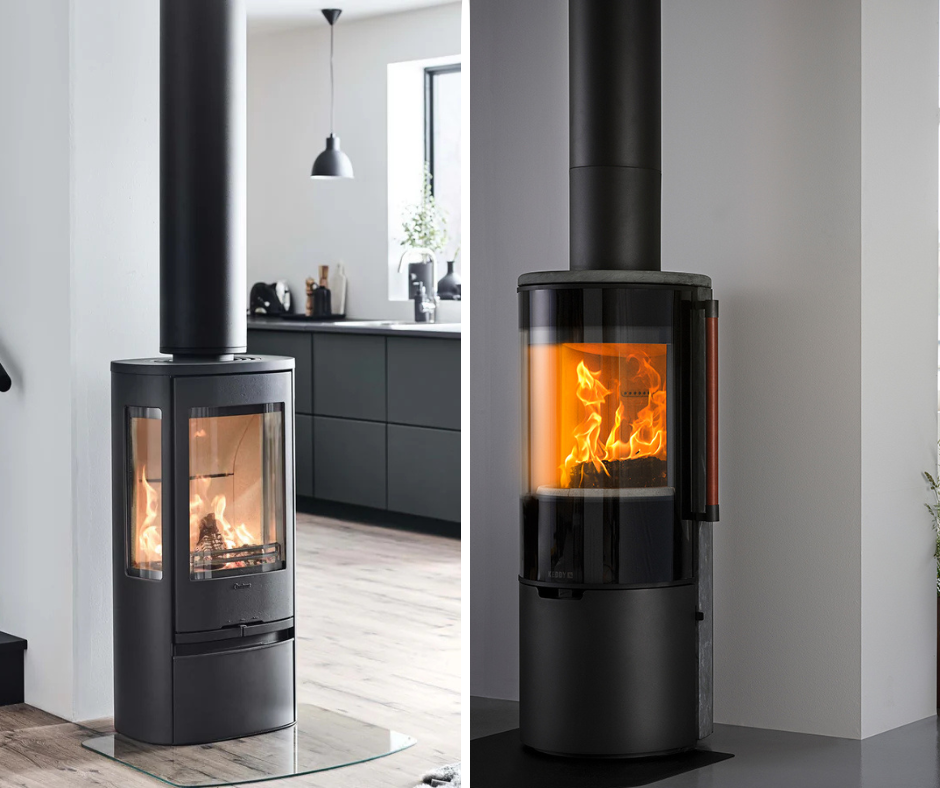 Sida vid sida visas två moderna Keddy svarta braskaminer med glasdörrar, som var och en visar en varm eld inuti, i minimalistiska, moderna interiörer med ljusa golv och neutrala väggar.