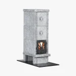 Norsk Kleber Otta 103 är en hög, rektangulär stenkamin med en liten svart gjutjärnsdörr vid basen och en glödande eld inuti, som står på en svart rektangulär eldstad.