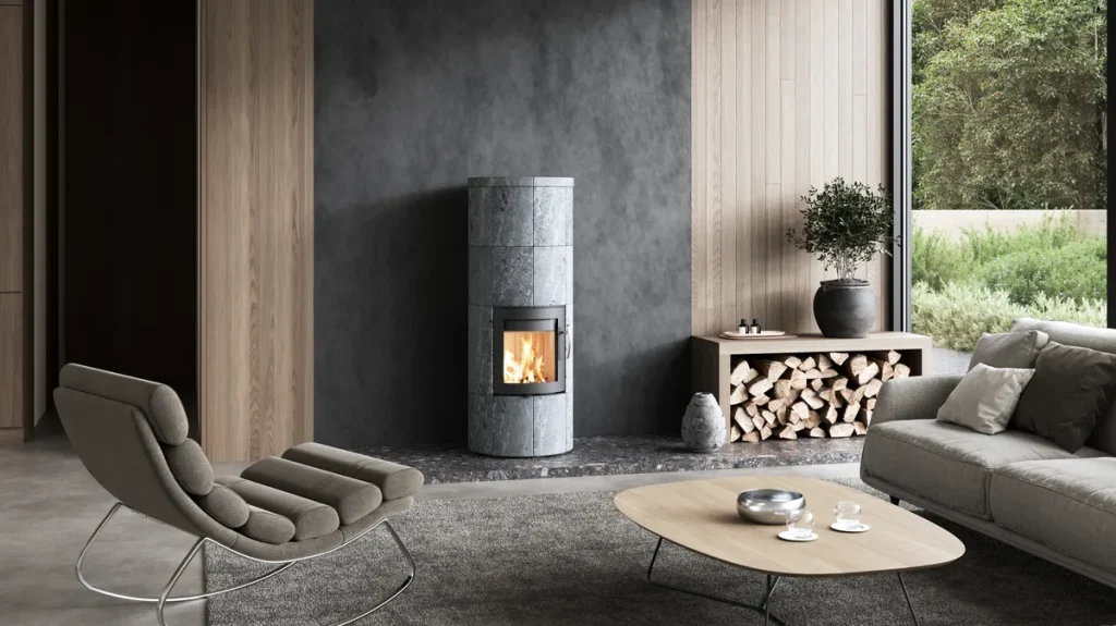 Modernt vardagsrum med en grå stenkamin, staplad ved, en böjd stol, soffbord i ljust trä, grå soffa, krukväxt med lotusblad och ett stort fönster som visar den frodiga grönskan utanför.