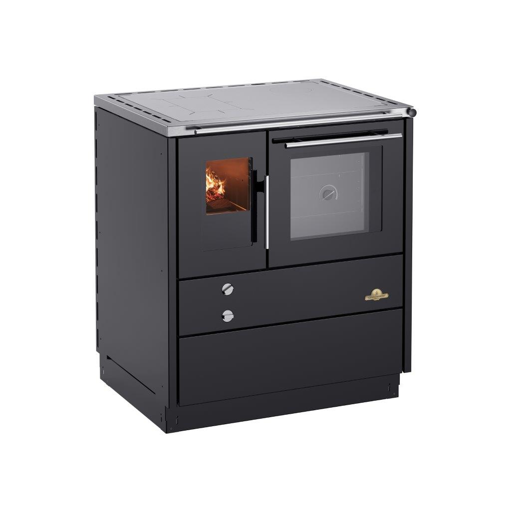 En svart vedspis, ofta kallad den bästa vedspisen, med en eld som syns genom en glaslucka till vänster och en ugn med ett glasfönster till höger, med metalliska handtag och knoppar mot en vit bakgrund.