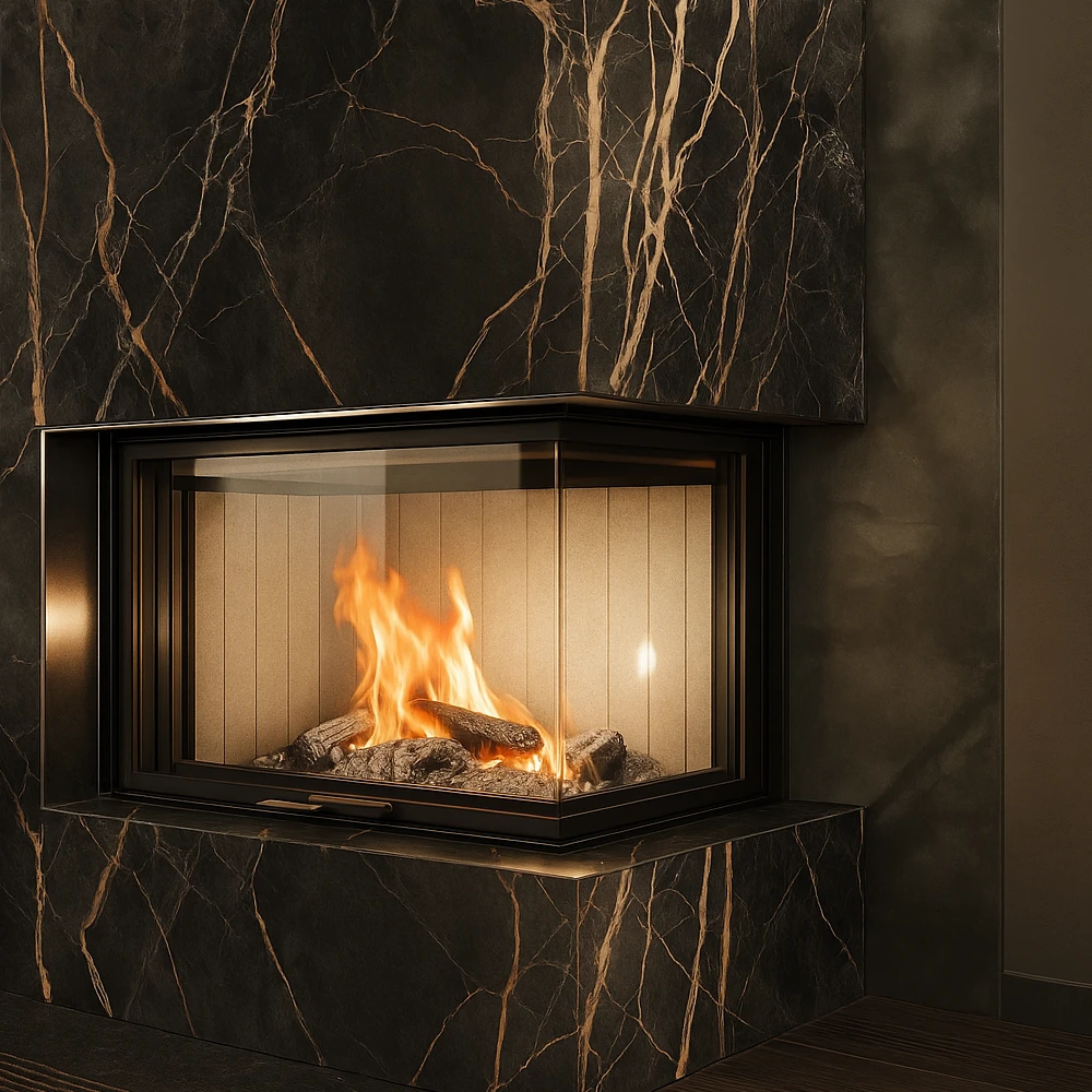 En modern glasinfattad öppen spis med en ljus brasa, placerad i en mörk marmorvägg med vita ådror, vilket skapar en varm och elegant atmosfär.