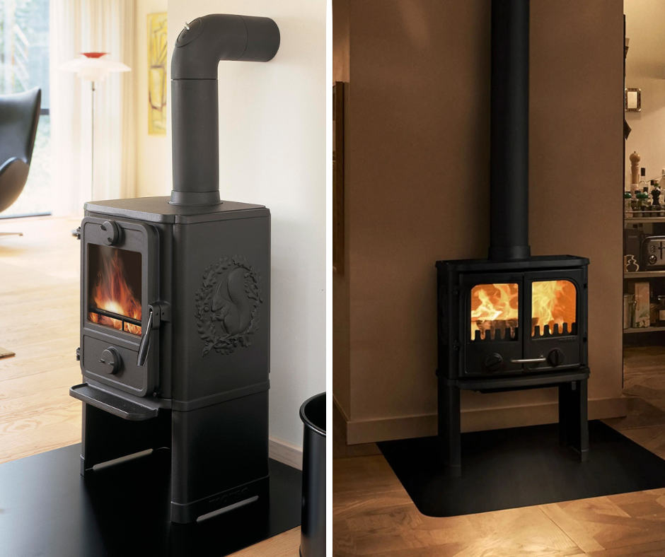 Morsø Kaminer: En guide till de danska gjutjärnsikonerna 3 Sida vid sida-bilder av två svarta vedeldade kaminer inomhus; den vänstra kaminen är kompakt med präglade detaljer, den högra kaminen är större med två glasdörrar, båda kaminerna har synliga eldar inuti och svarta skorstenar ovanför.