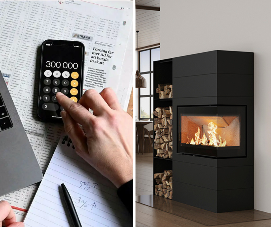 En delad bild: till vänster använder en hand en kalkylator-app på en smartphone medan den skriver anteckningar; till höger staplad ved bredvid en tänd modern öppen spis - som visar hur du kan sänka uppvärmningskostnader med ved i ett mysigt rum.