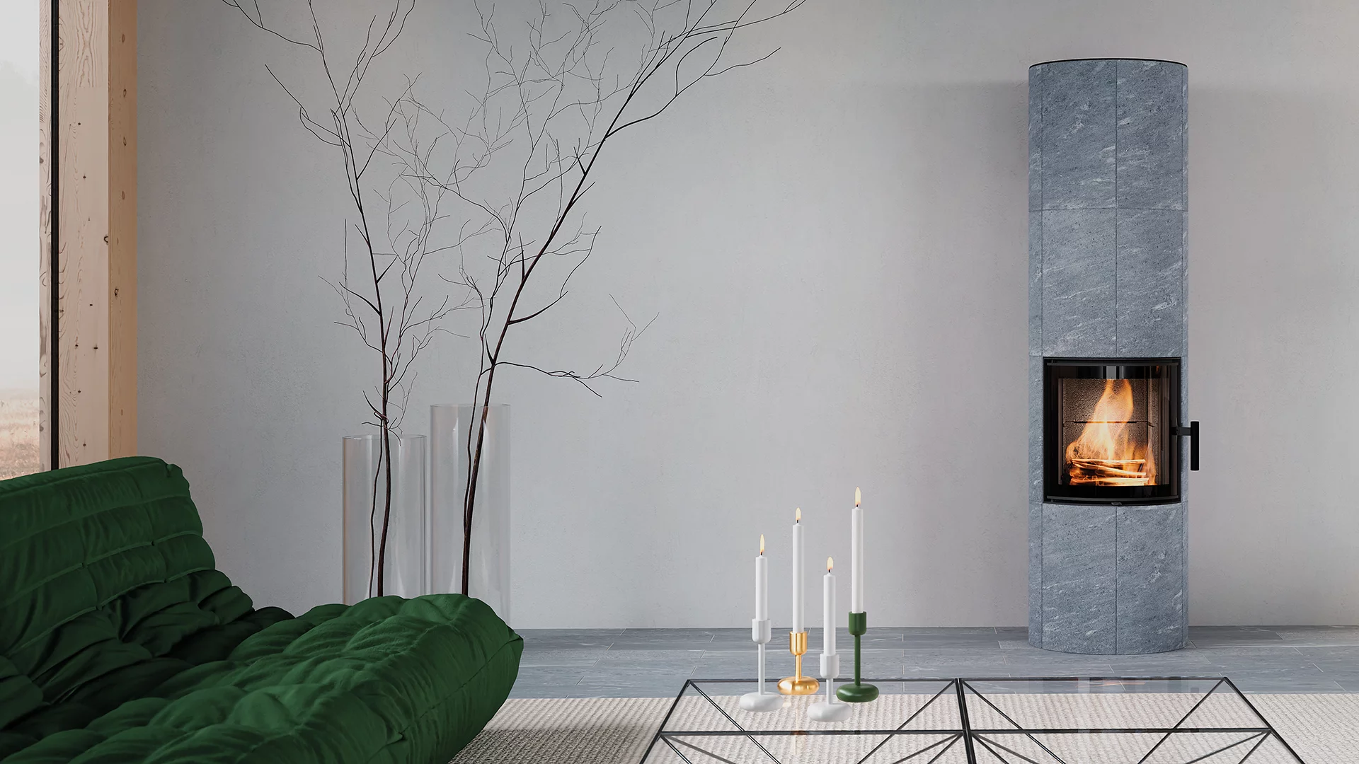 Ett modernt vardagsrum med en täljstenskamin från Tullikivi