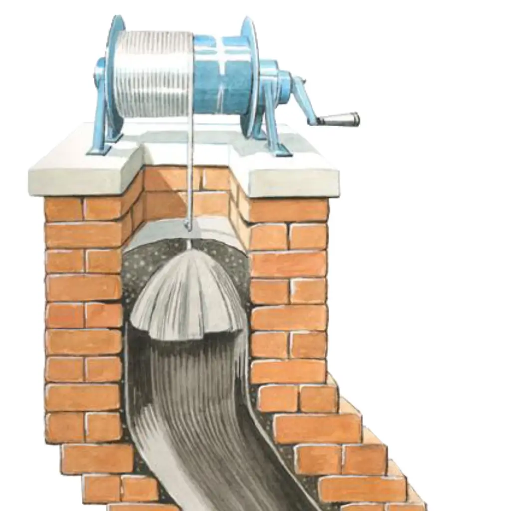 En illustration av en tegelbrunn med en handvev av metall och en rullmekanism som sänker ner en hink på ett rep i brunnens inre. Snedvyn visar repet och hinken på väg ned i strukturen.