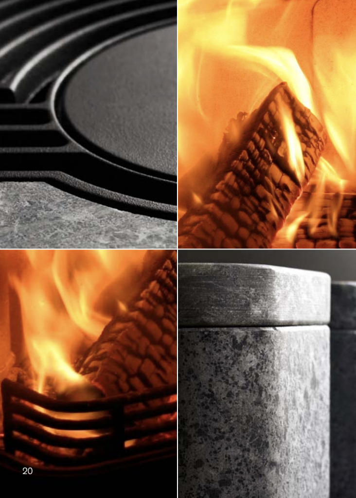 Ett collage med närbilder av en Handöl kamin. Man ser tydligt täljstenen, gjutjärnet och elden