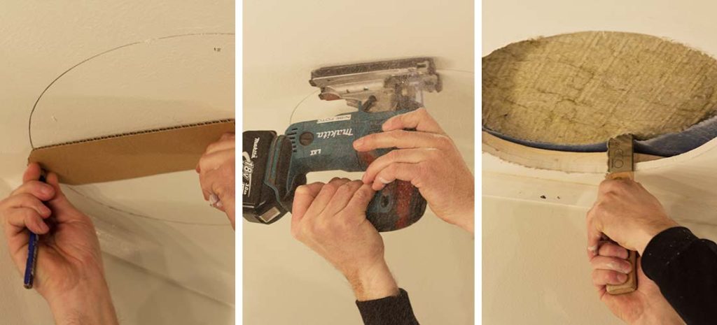 Trestegsprocess för att skära ett cirkulärt hål i taket: spåra en cirkel, skära med ett elverktyg och ta bort den skurna gipsen för att avslöja isoleringen inuti.