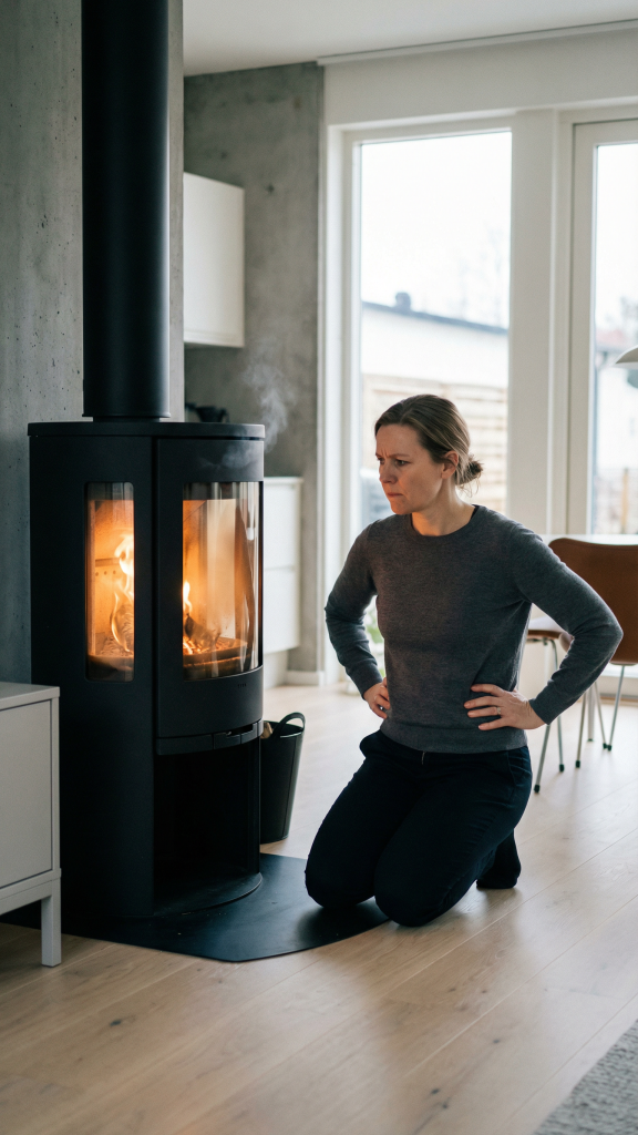 Dåligt drag i skorstenen? (Orsaker & Lösningar som fungerar) 3 En kvinna står på knä på golvet framför en svart vedeldad kamin med eld i. Hon tittar uppmärksamt på lågorna i ett modernt, ljust vardagsrum.