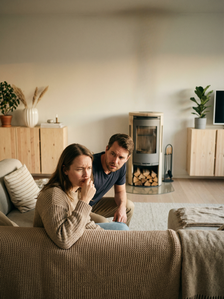 En bekymrad kvinna sitter i en soffa med handen nära munnen, medan en man lutar sig mot henne och verkar uppmärksam. De befinner sig i ett mysigt vardagsrum med växter, trämöbler och en öppen spis.