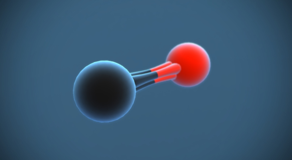 En 3D-illustration av en kolmonoxidmolekyl, med en svart sfär (kol) och en röd sfär (syre) som är förbundna med tre bindningar, mot en bakgrund med blå gradient.