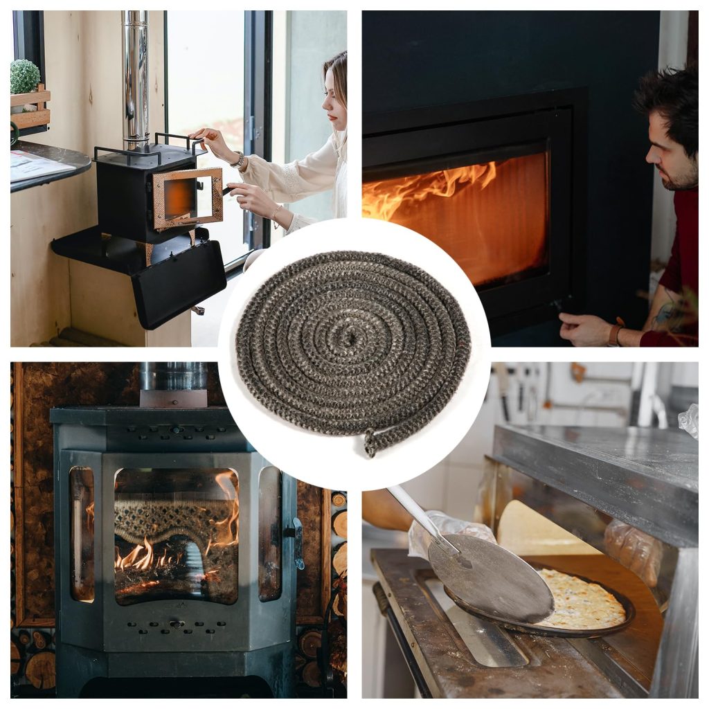 Ett collage visar människor som använder vedspisar och bakar pizza, en vedspis av metall som brinner och en närbild av en svart, lindad reppackning i mitten.