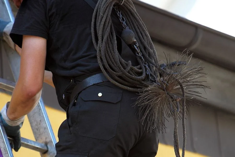 En svartklädd person klättrar upp på en stege med en bunt rep och en sotningsborste i bältet, möjligen i färd med att rengöra en skorsten.