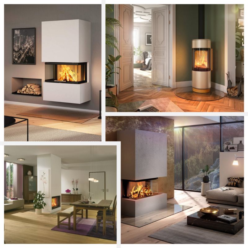 Spartherm: En guide till premium-insatser & kaminer 2 Collage som visar olika designvarianter av kaminer från spartherm