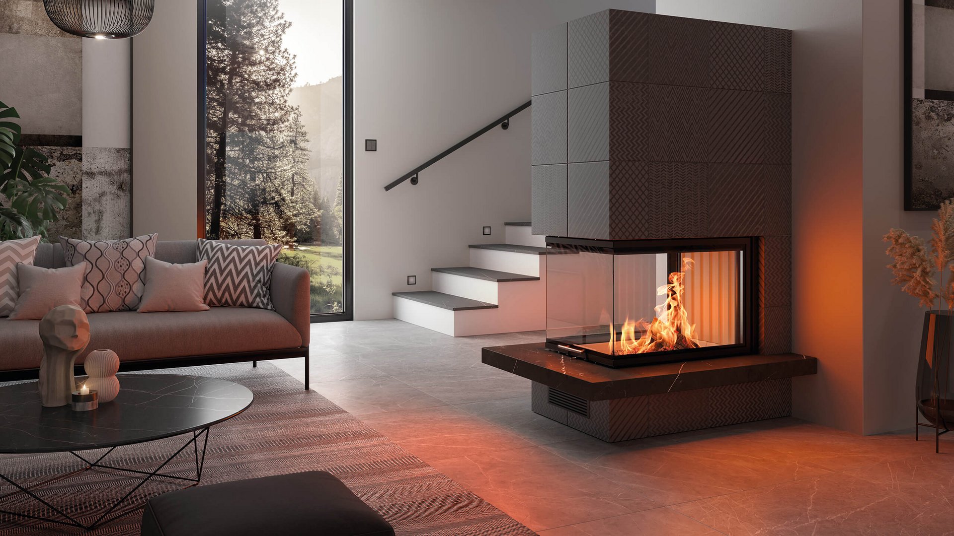 Insats från Spartherm i en platsbyggd kamin med insyn till elden från all håll i ett fint vardagsrum.