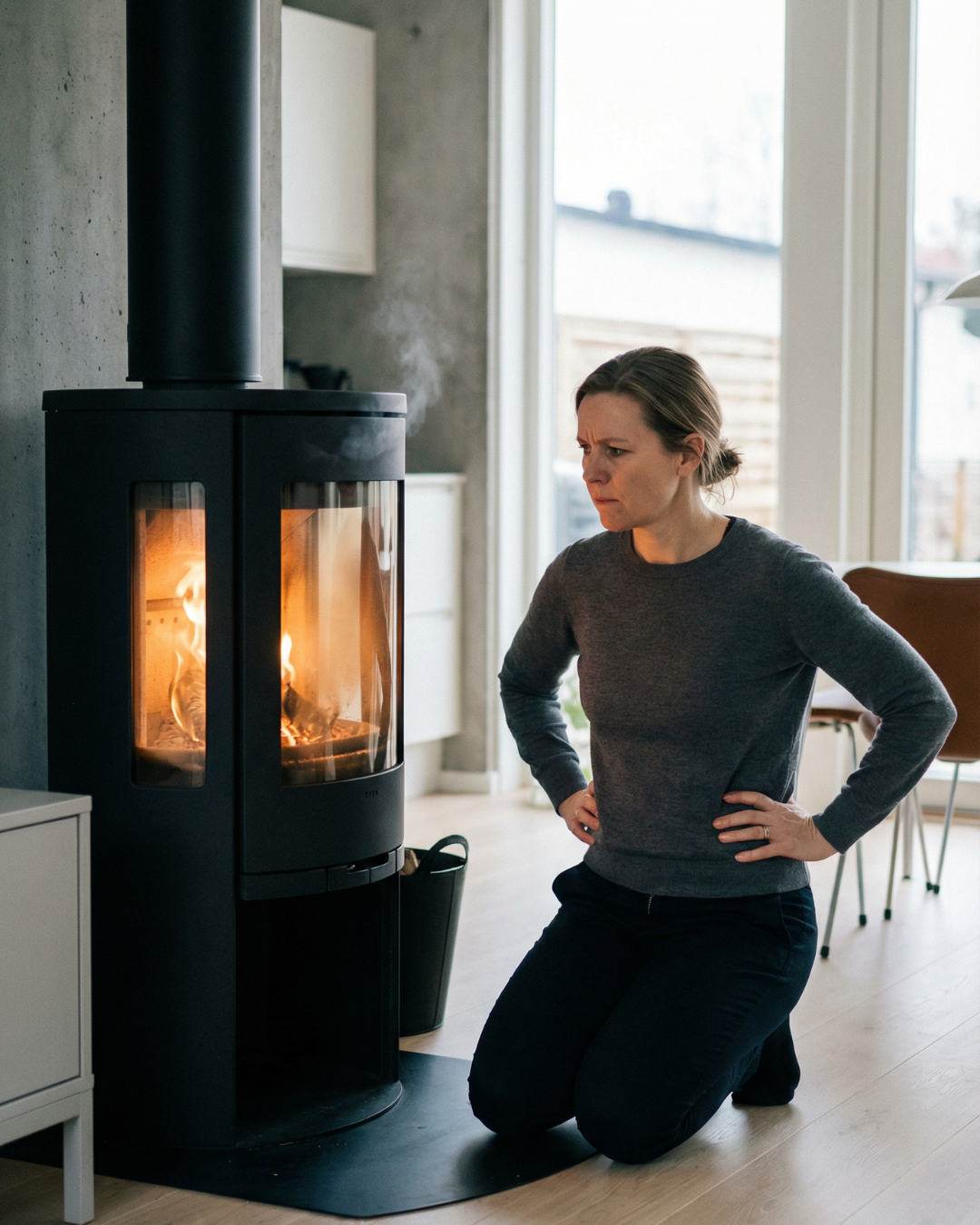 En kvinna står på knä på golvet inomhus och tittar uppmärksamt på en modern svart vedeldad kamin med en eld inuti. Hon verkar fokuserad eller bekymrad, med händerna på höfterna.