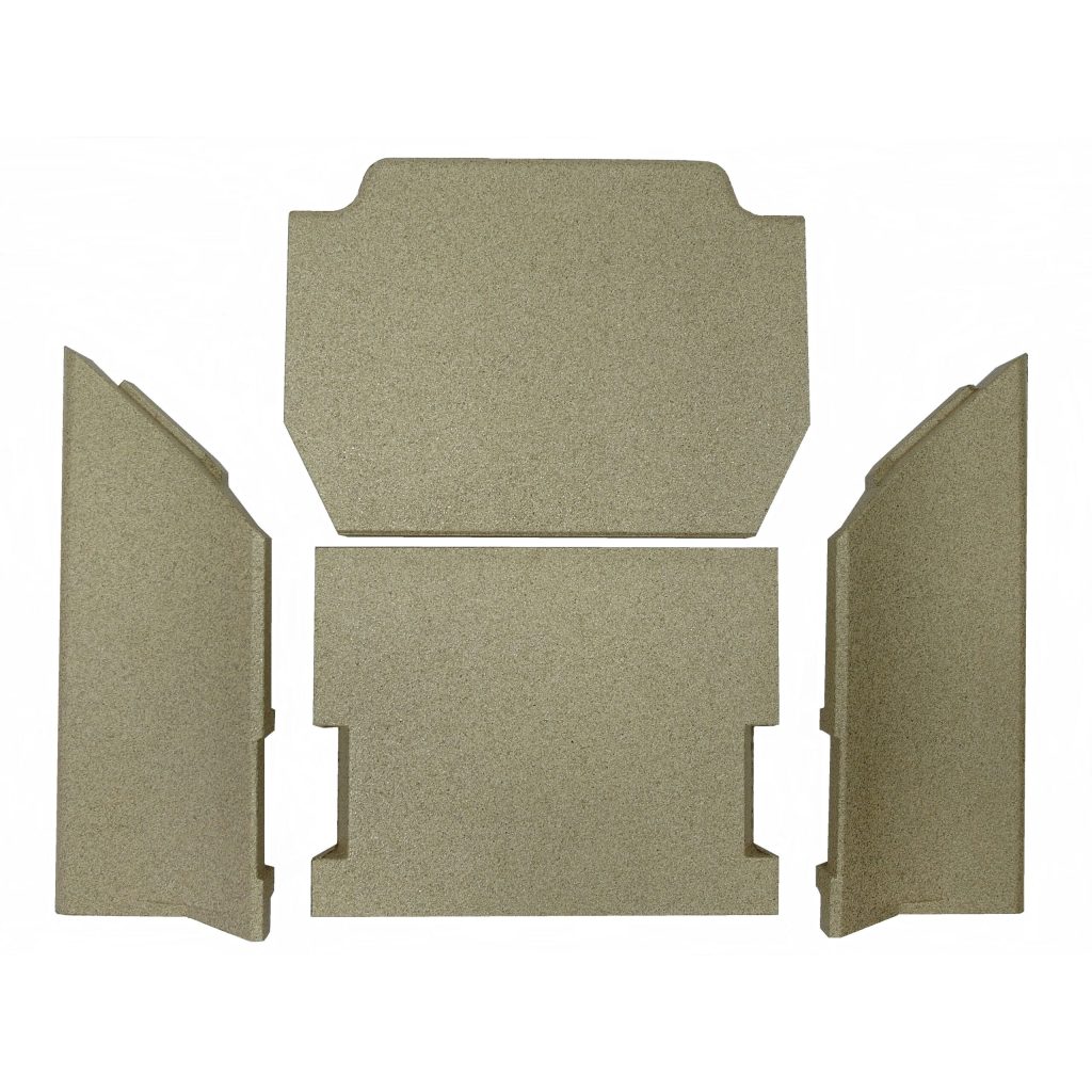 Fyra platta, rektangulära bitar av ljusbrunt material är arrangerade mot en vit bakgrund och placerade på ett sätt som antyder att de skulle kunna sättas ihop till en låda eller behållare.