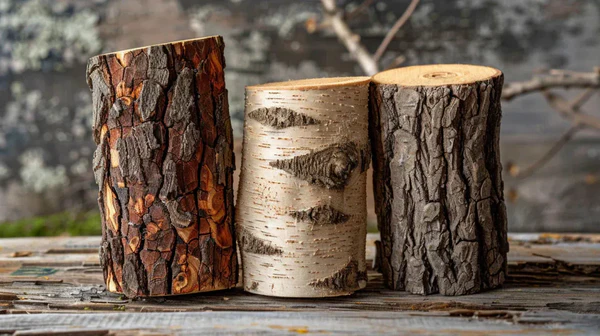Tre upprättstående stockar med olika barkstruktur och färg - en mörk och grov, en ljus och slät och en mörk med djupa spår - står sida vid sida på en träyta utomhus.